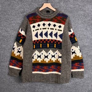 Vintage INKA MAQUI Knit Sweater Aztec Geometric Patterned Mens Gray Multicolor L